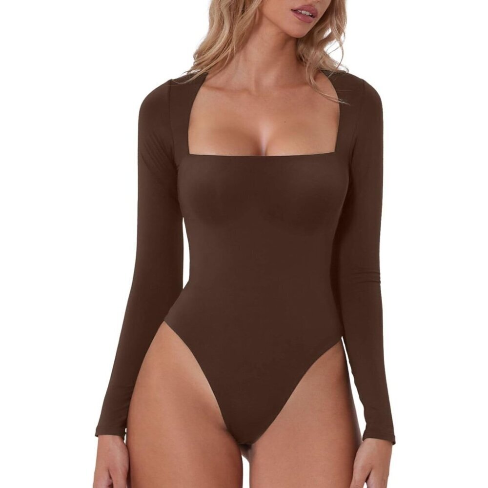 Women's Coffee Bean Square Neck Long Sleeve Double Lined Shirt Tops Bodysuit